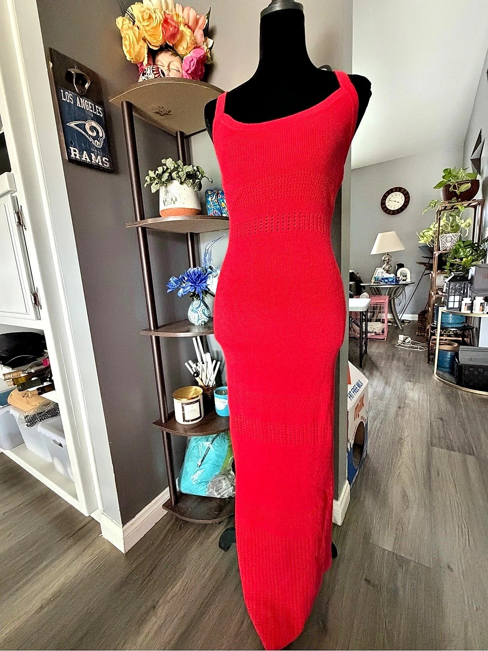 JLUX label Red Knit Openwork Maxi Dress
